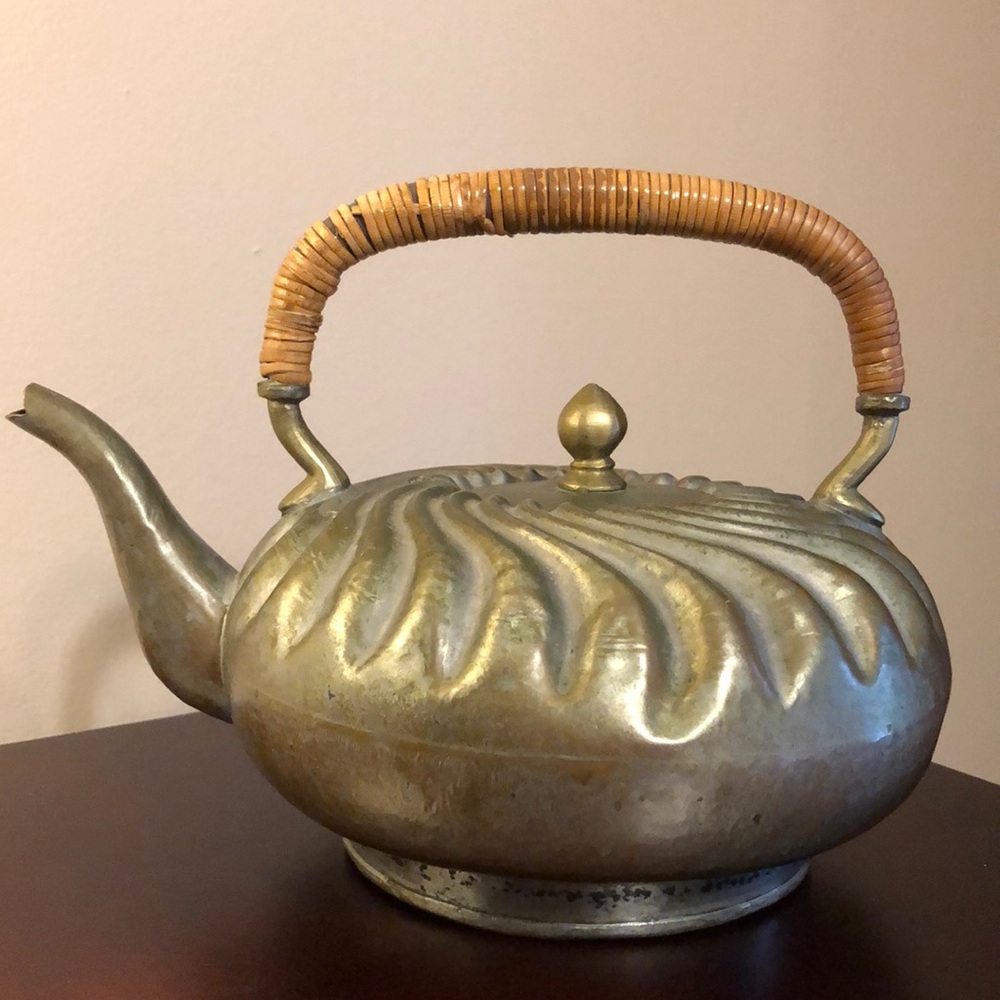 Antique CHINA Secessionist Teapot Woven Bamboo Handle Art Nouveau